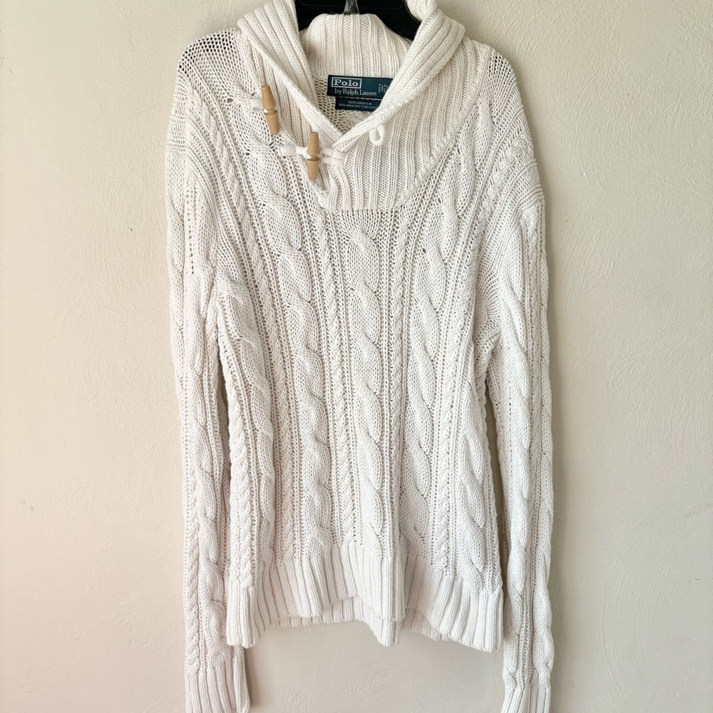 Polo Ralph Lauren White Linen Pima Cotton Cable Knit Sweater
